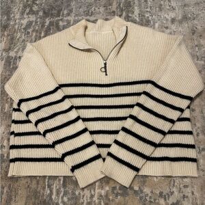 SHEIN Men's Cream and Black Striped Zip-Up Sweater